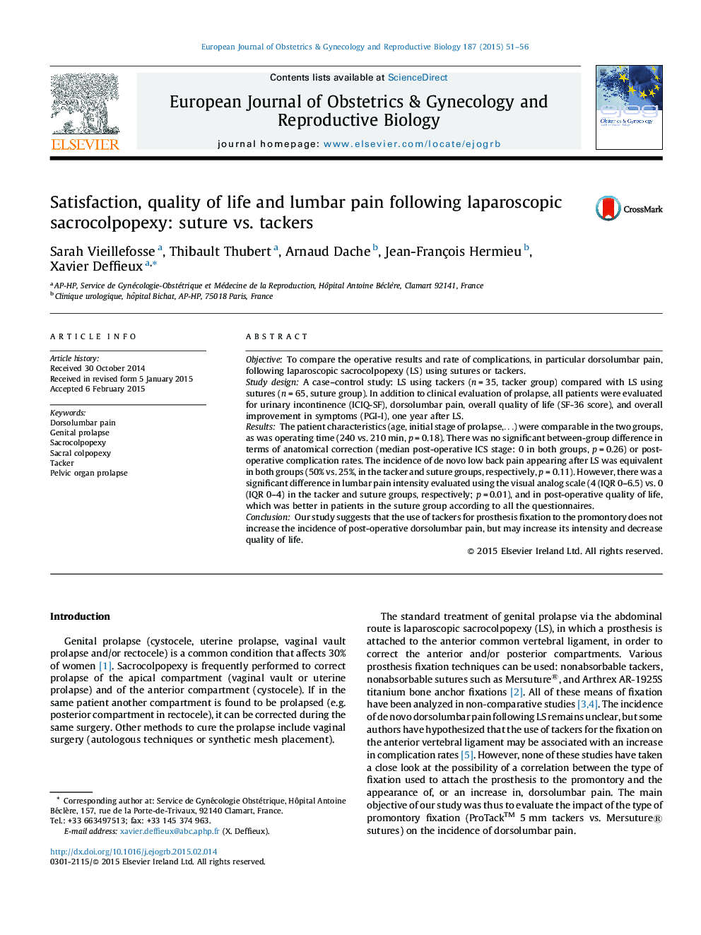 Satisfaction, quality of life and lumbar pain following laparoscopic sacrocolpopexy: suture vs. tackers