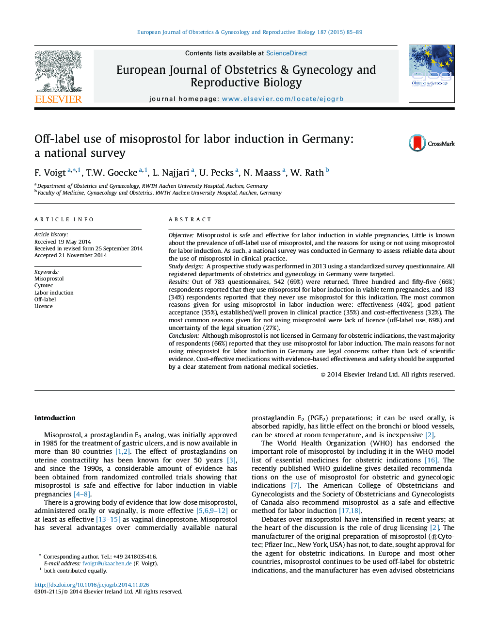 Off-label use of misoprostol for labor induction in Germany: a national survey