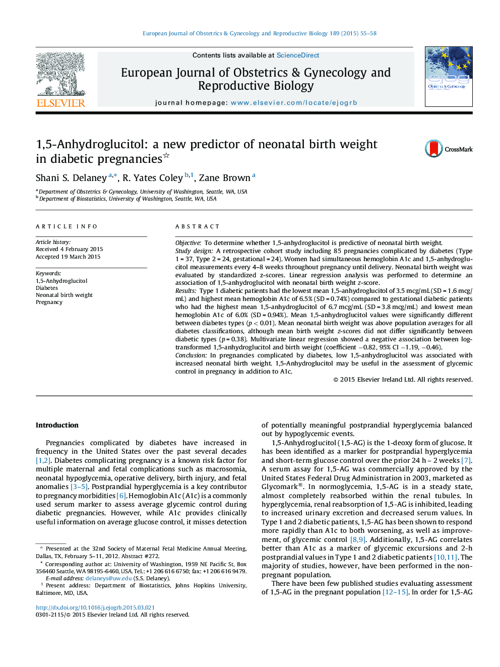 1,5-Anhydroglucitol: a new predictor of neonatal birth weight in diabetic pregnancies 