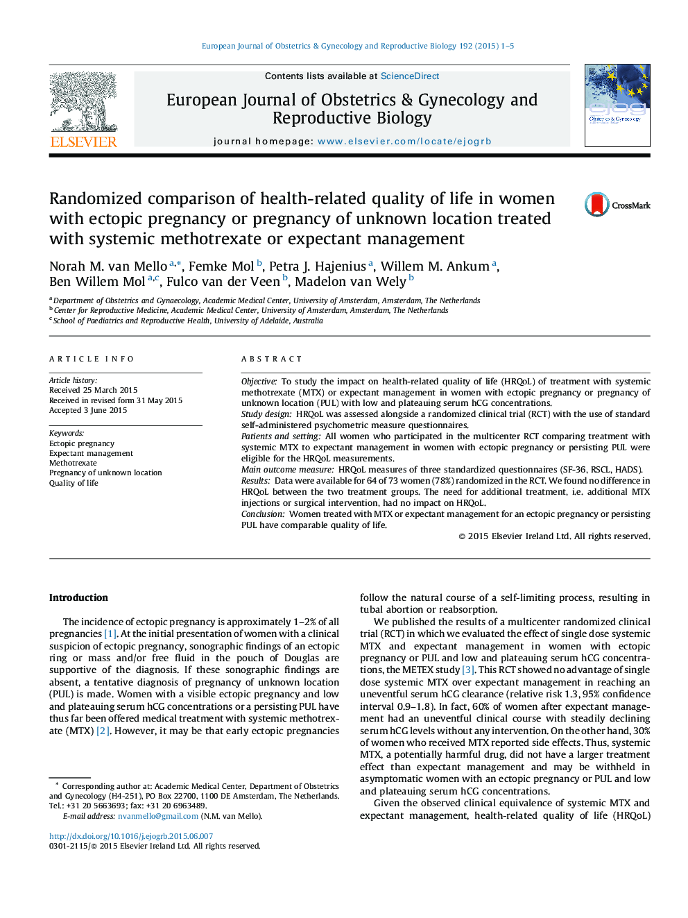 Randomized comparison of health-related quality of life in women with ectopic pregnancy or pregnancy of unknown location treated with systemic methotrexate or expectant management