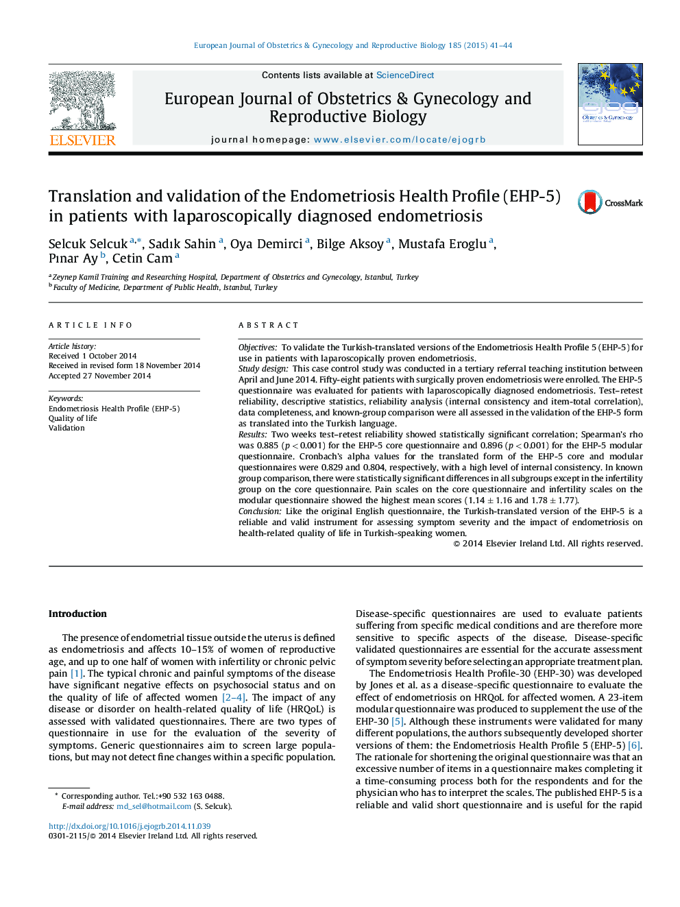 Translation and validation of the Endometriosis Health Profile (EHP-5) in patients with laparoscopically diagnosed endometriosis