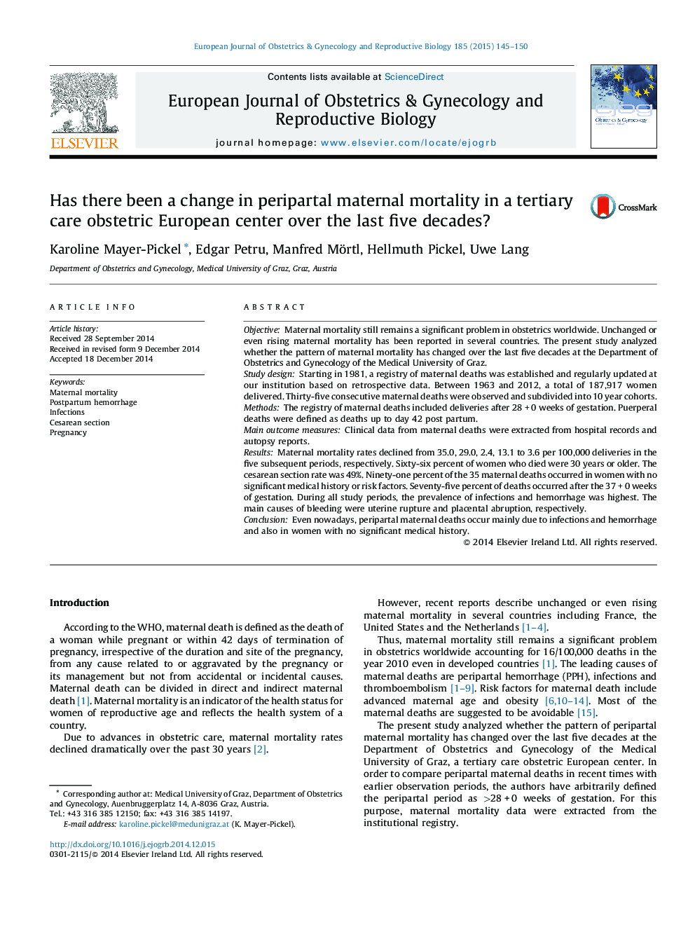 Has there been a change in peripartal maternal mortality in a tertiary care obstetric European center over the last five decades?