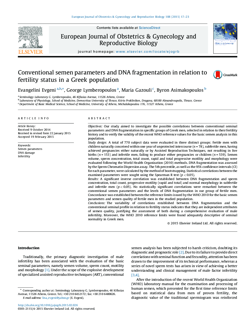 Conventional semen parameters and DNA fragmentation in relation to fertility status in a Greek population