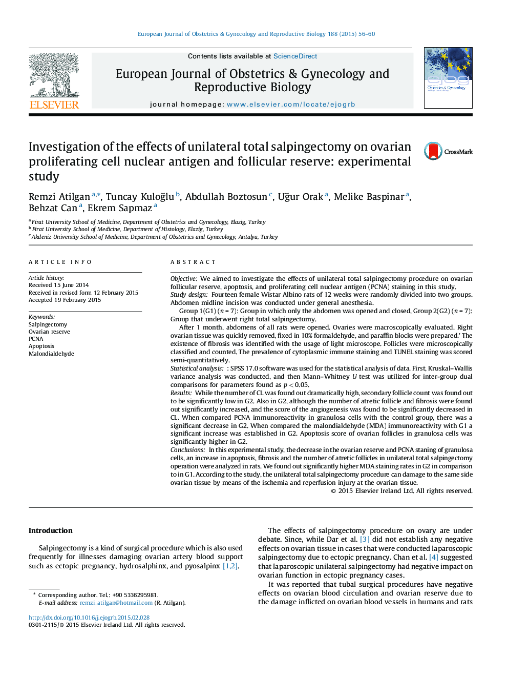 Investigation of the effects of unilateral total salpingectomy on ovarian proliferating cell nuclear antigen and follicular reserve: experimental study