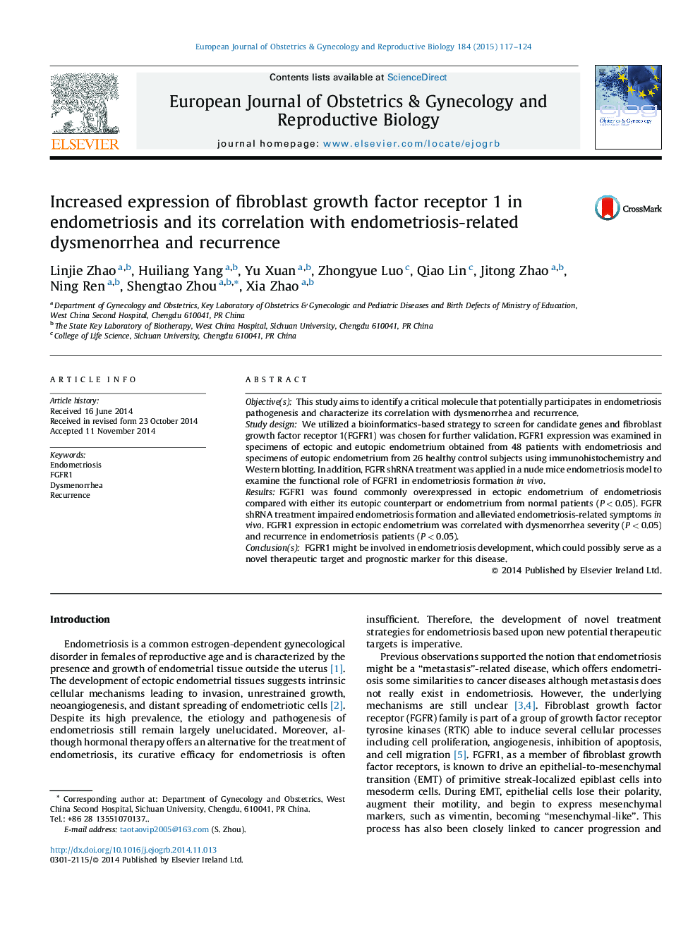 Increased expression of fibroblast growth factor receptor 1 in endometriosis and its correlation with endometriosis-related dysmenorrhea and recurrence