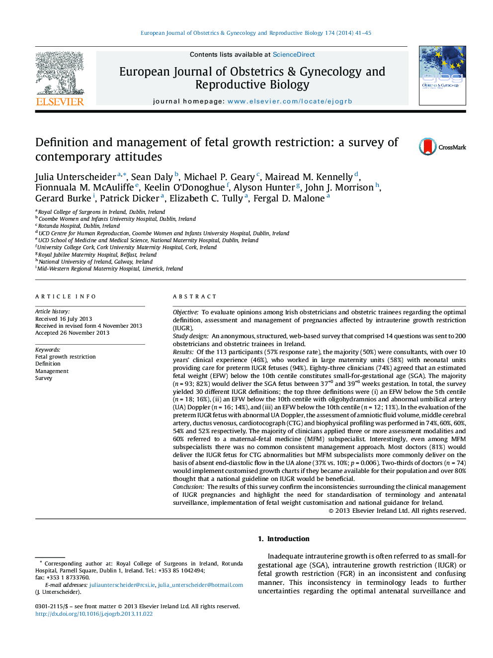 Definition and management of fetal growth restriction: a survey of contemporary attitudes