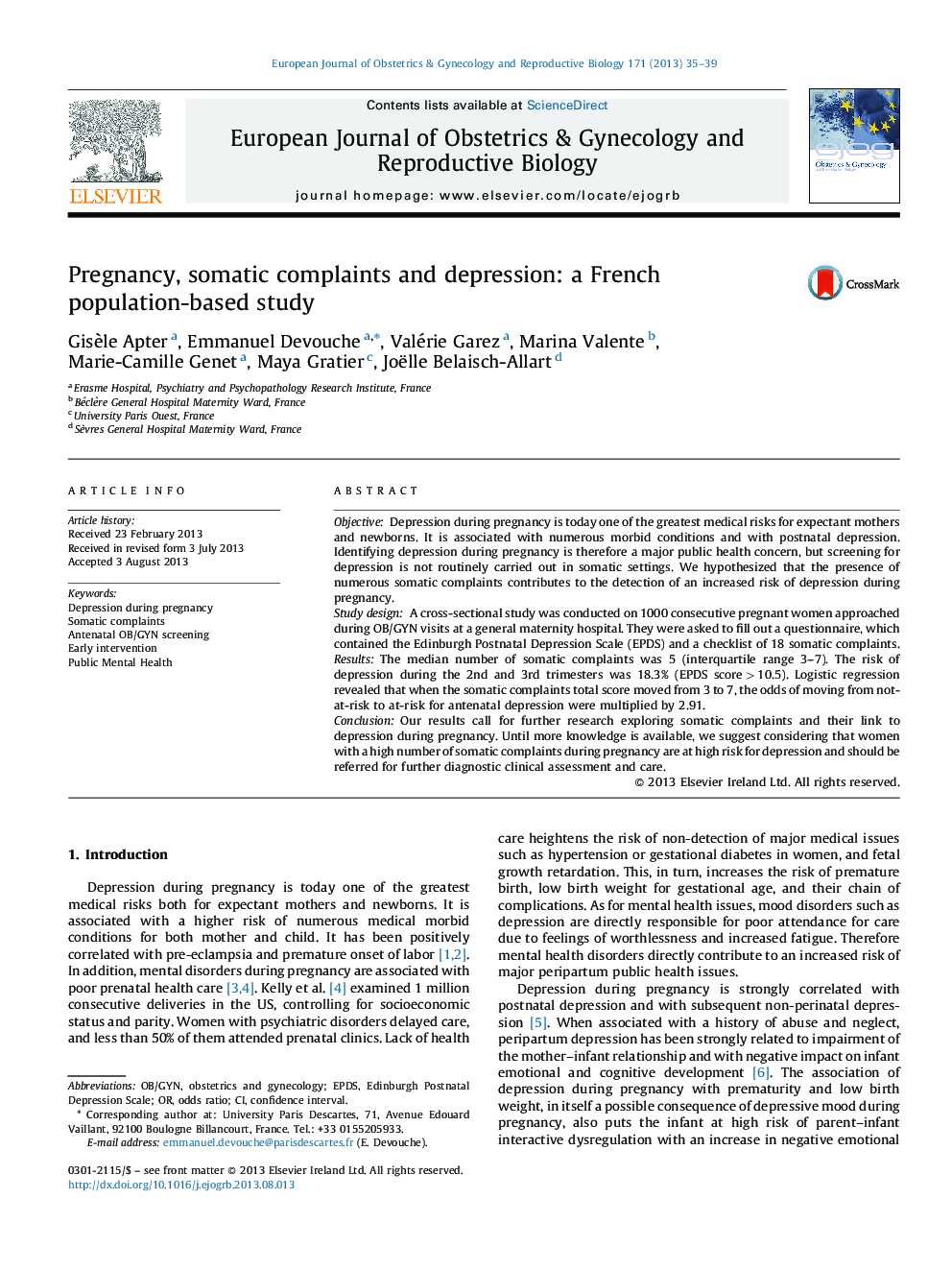 Pregnancy, somatic complaints and depression: a French population-based study