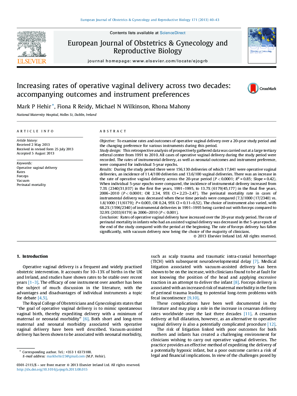 Increasing rates of operative vaginal delivery across two decades: accompanying outcomes and instrument preferences