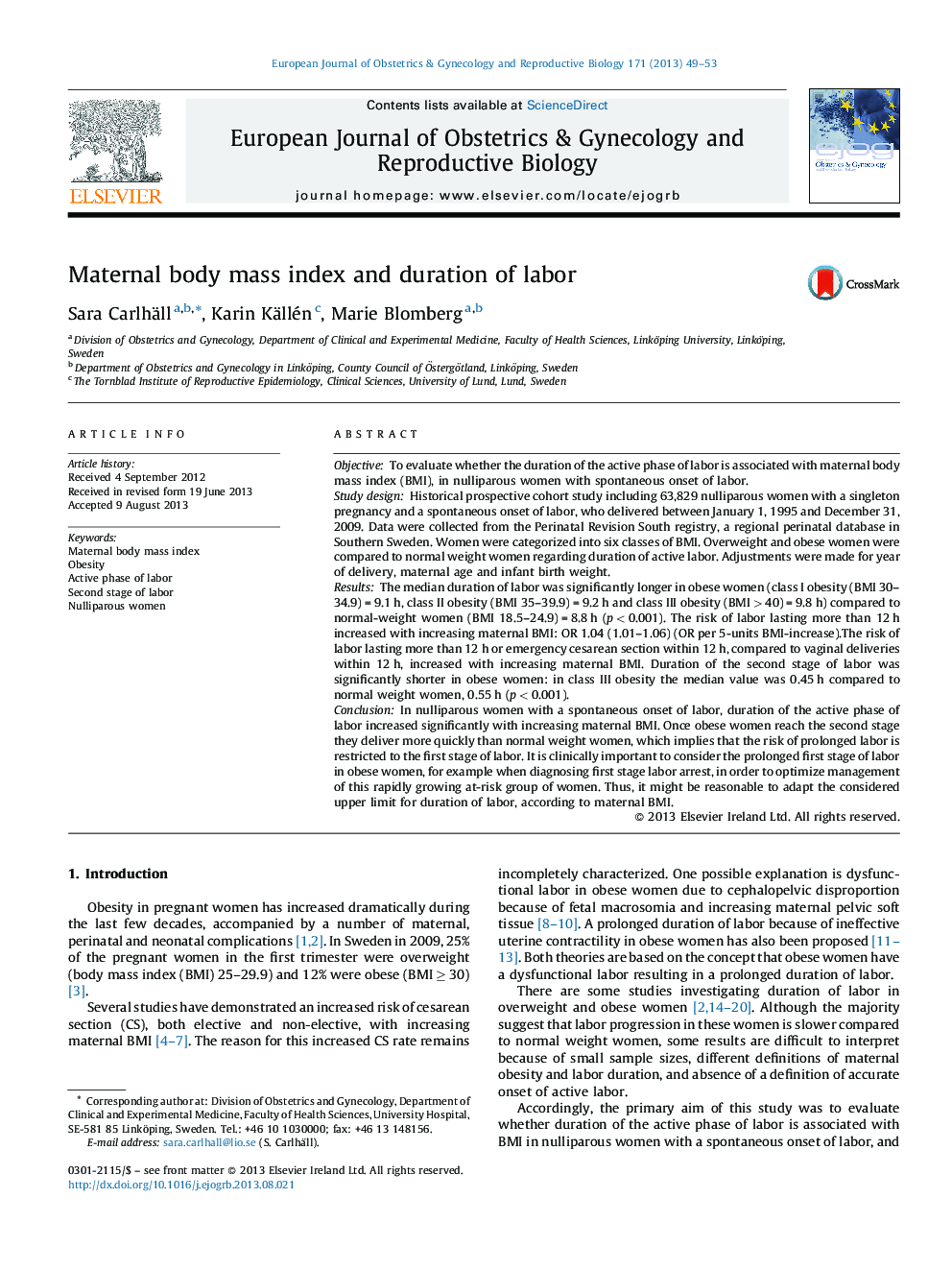 Maternal body mass index and duration of labor