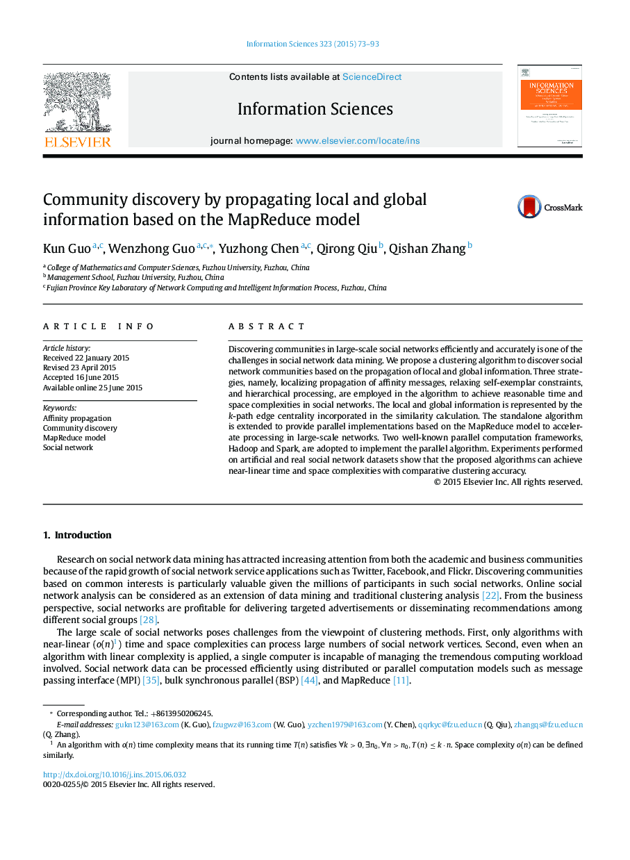 Community discovery by propagating local and global information based on the MapReduce model