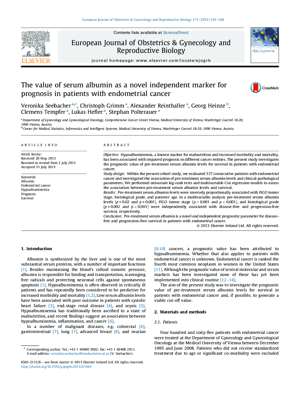 The value of serum albumin as a novel independent marker for prognosis in patients with endometrial cancer