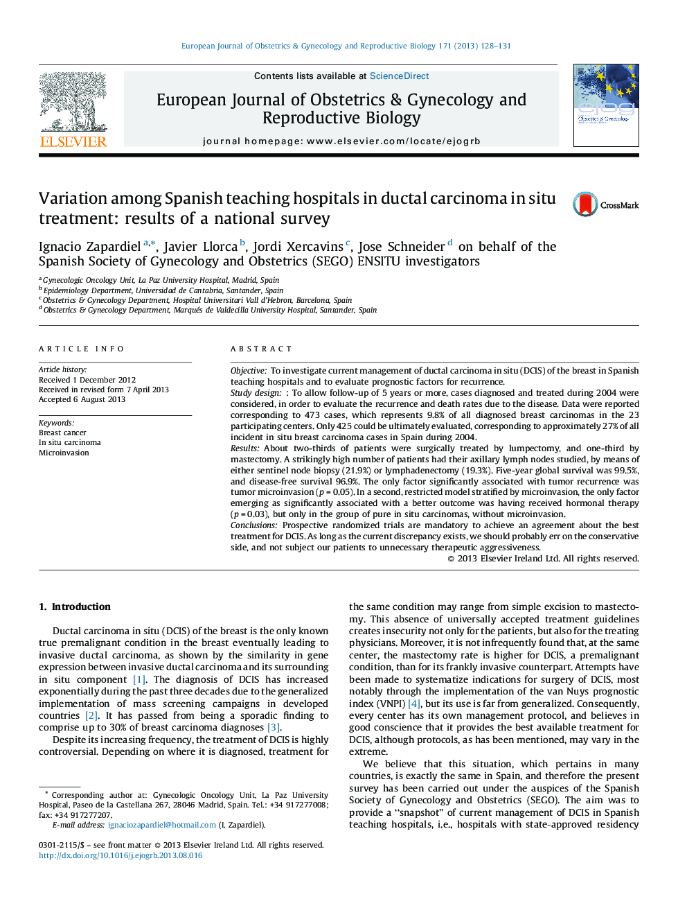 Variation among Spanish teaching hospitals in ductal carcinoma in situ treatment: results of a national survey