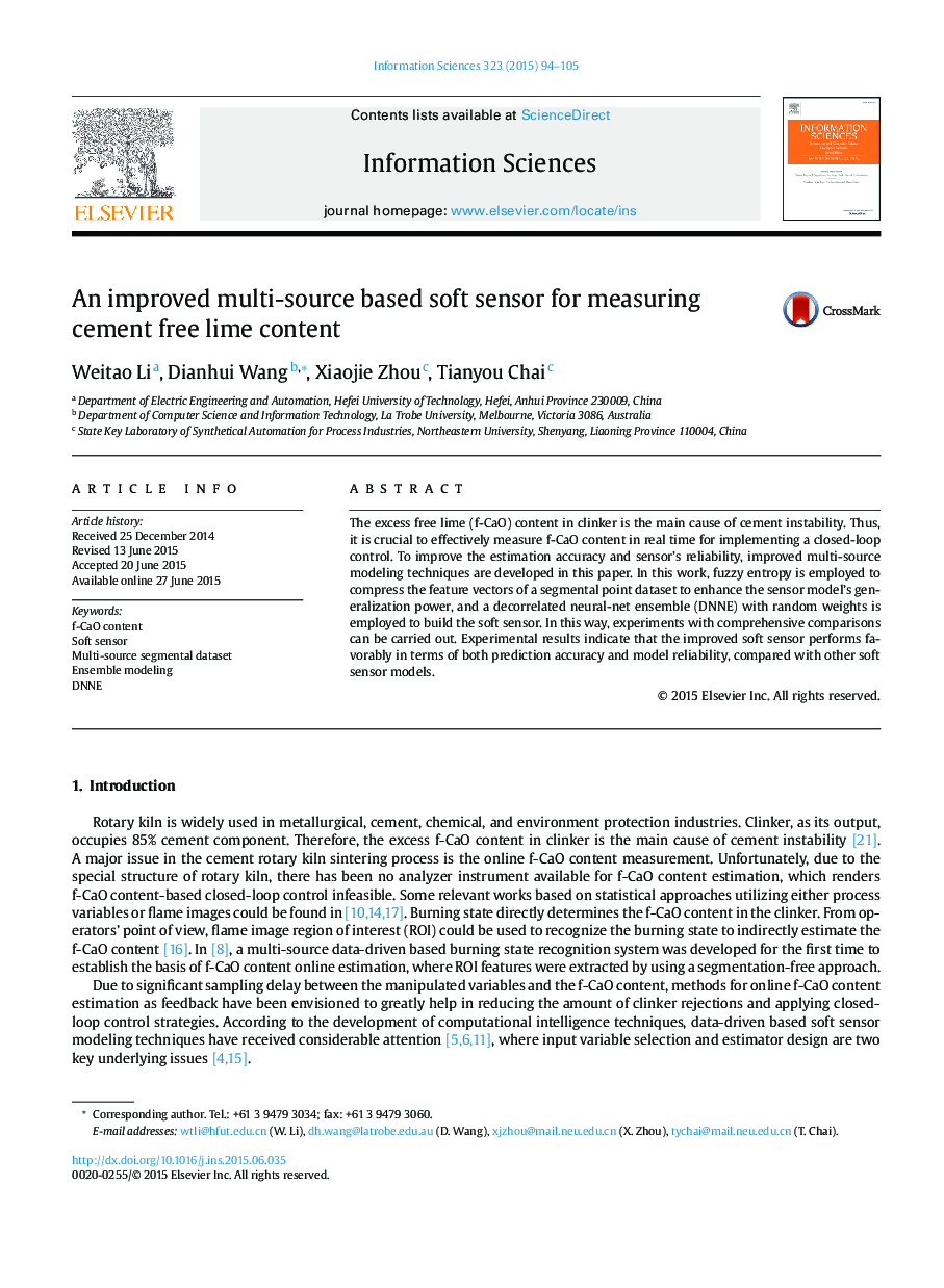 An improved multi-source based soft sensor for measuring cement free lime content