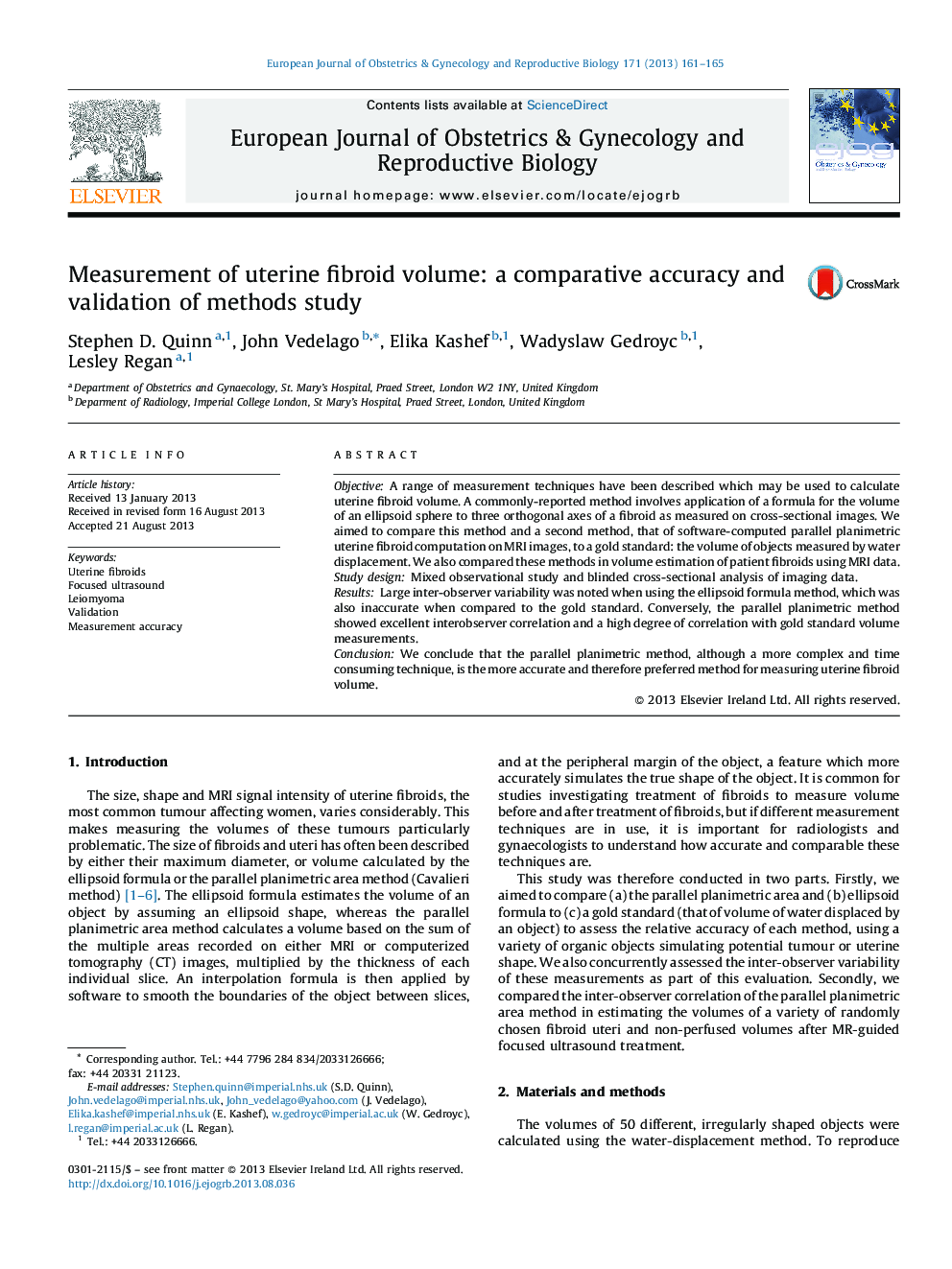 Measurement of uterine fibroid volume: a comparative accuracy and validation of methods study