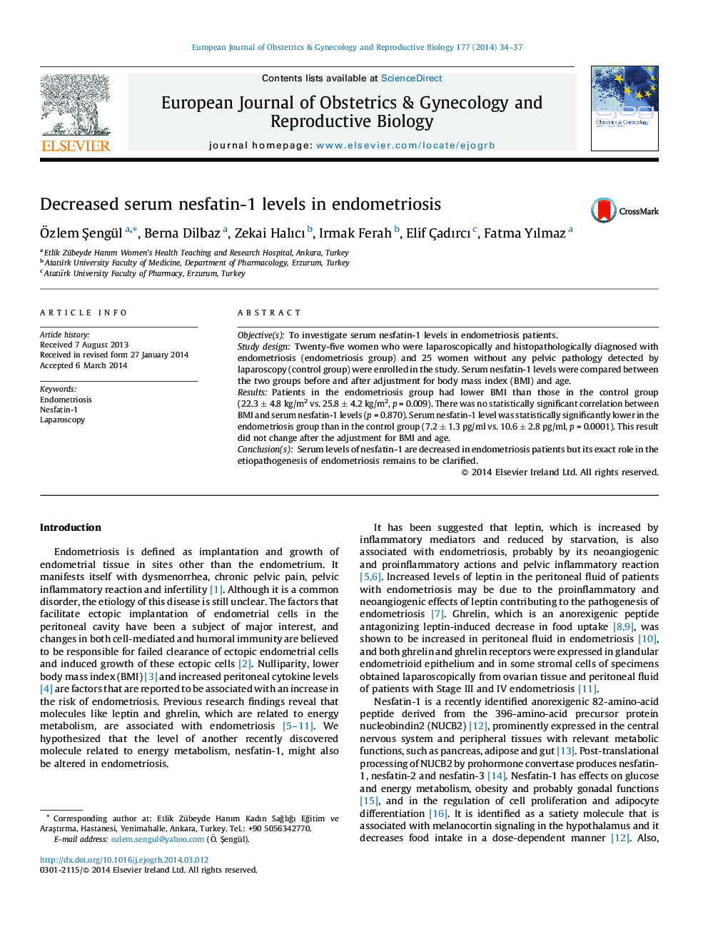 Decreased serum nesfatin-1 levels in endometriosis