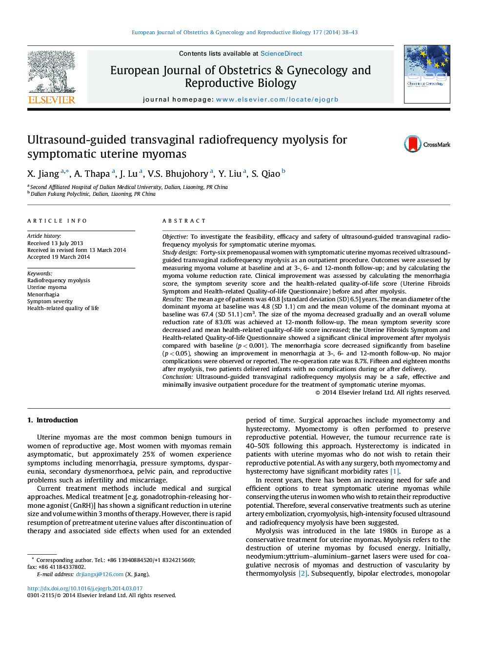 Ultrasound-guided transvaginal radiofrequency myolysis for symptomatic uterine myomas