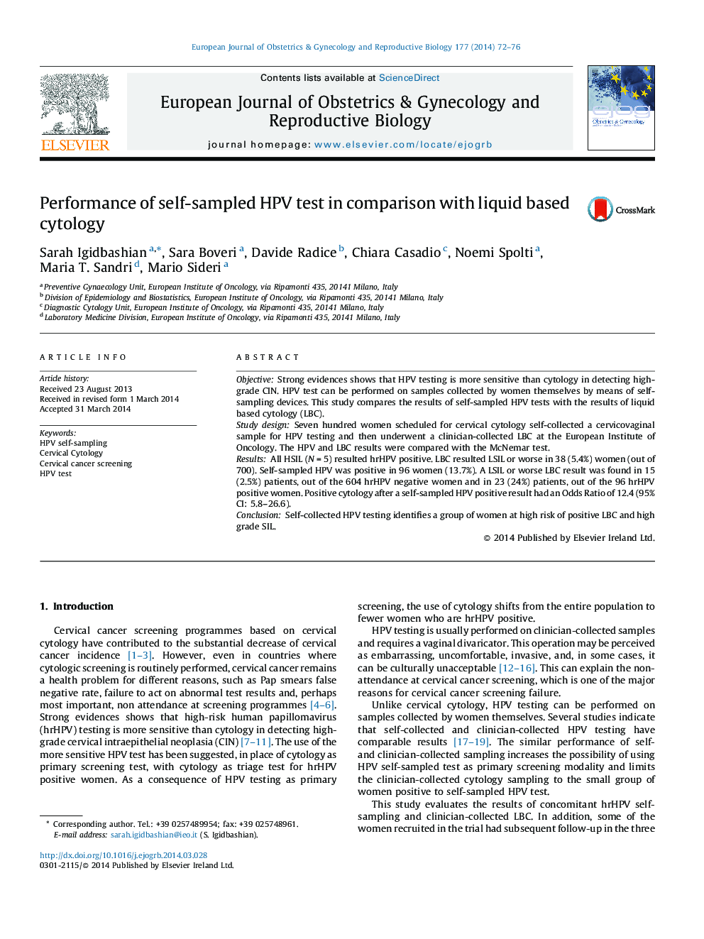 Performance of self-sampled HPV test in comparison with liquid based cytology