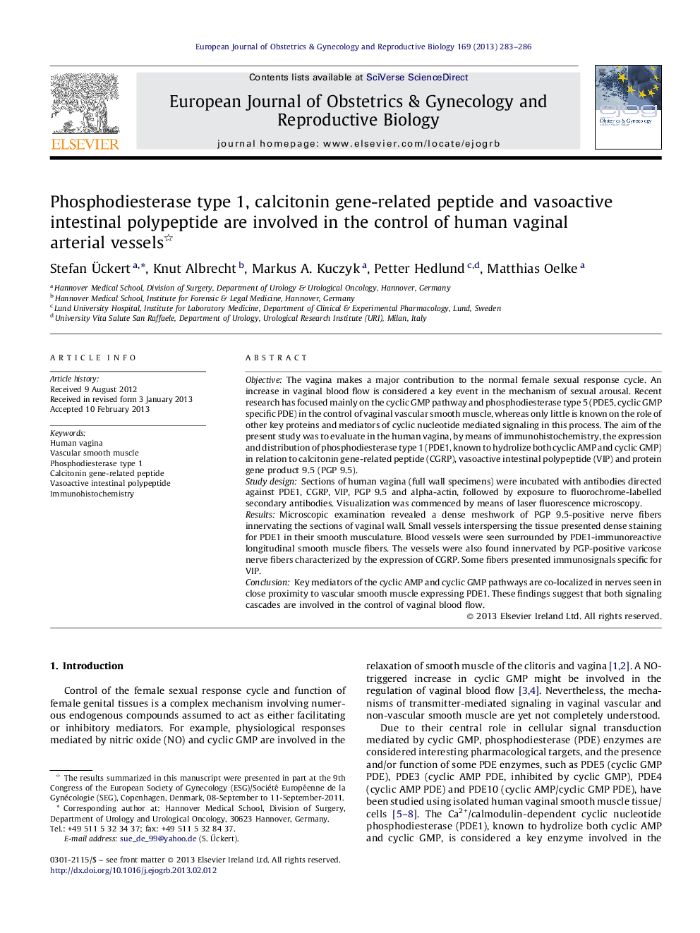 Phosphodiesterase type 1, calcitonin gene-related peptide and vasoactive intestinal polypeptide are involved in the control of human vaginal arterial vessels 