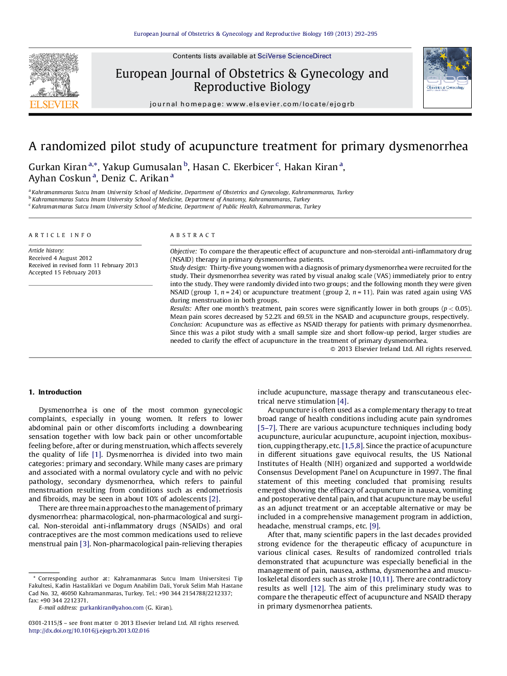 A randomized pilot study of acupuncture treatment for primary dysmenorrhea