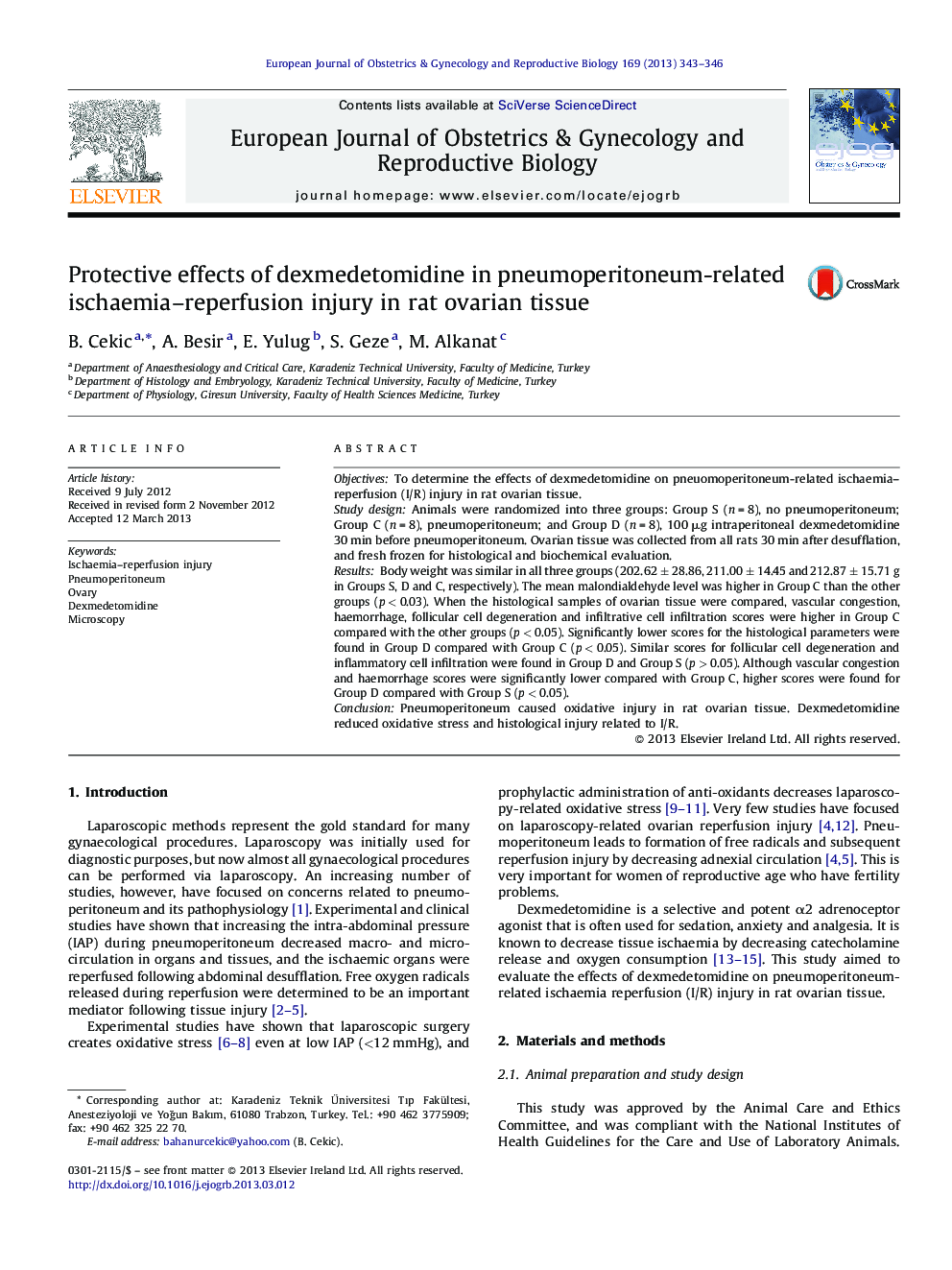 Protective effects of dexmedetomidine in pneumoperitoneum-related ischaemia–reperfusion injury in rat ovarian tissue