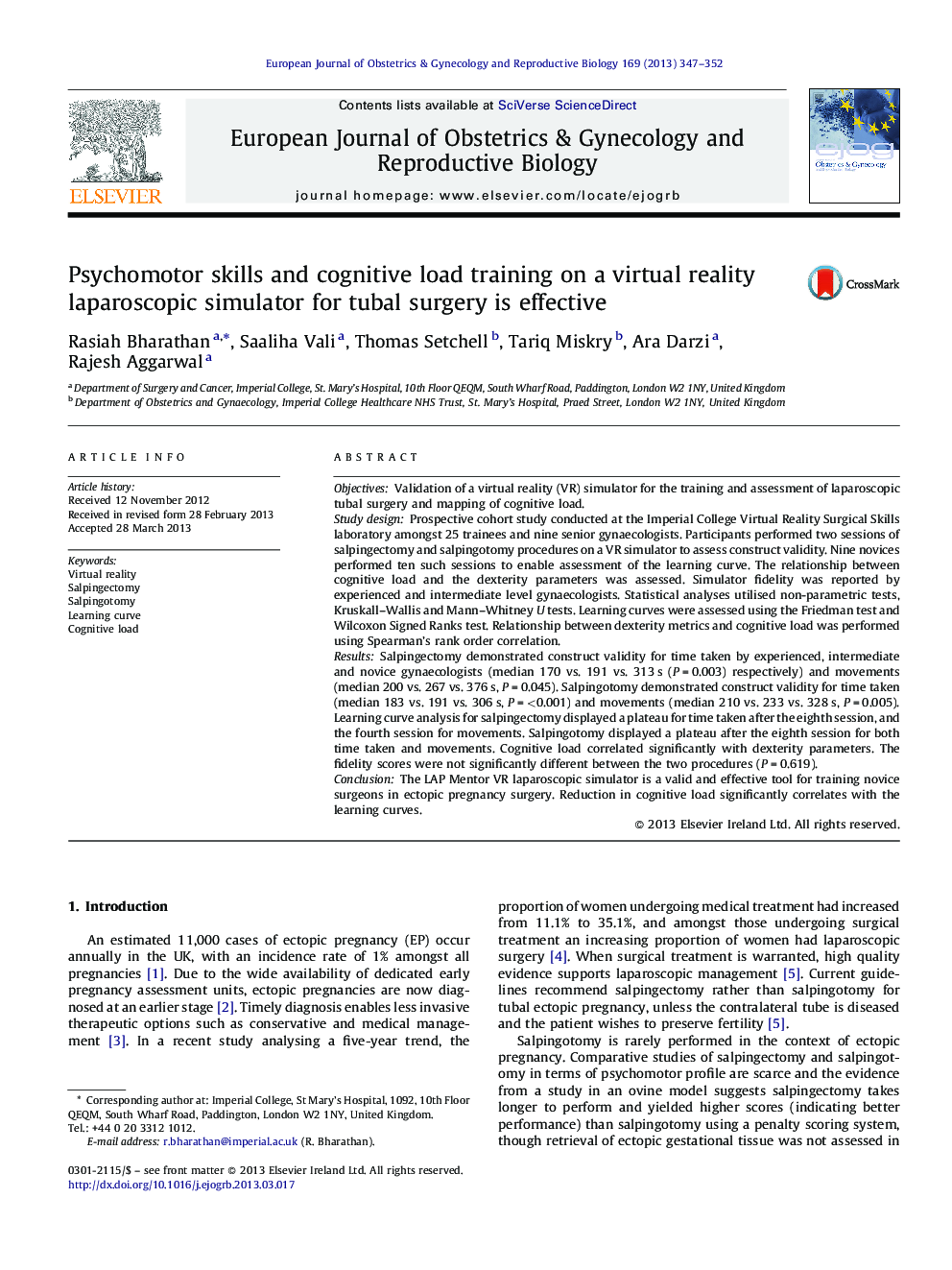 Psychomotor skills and cognitive load training on a virtual reality laparoscopic simulator for tubal surgery is effective