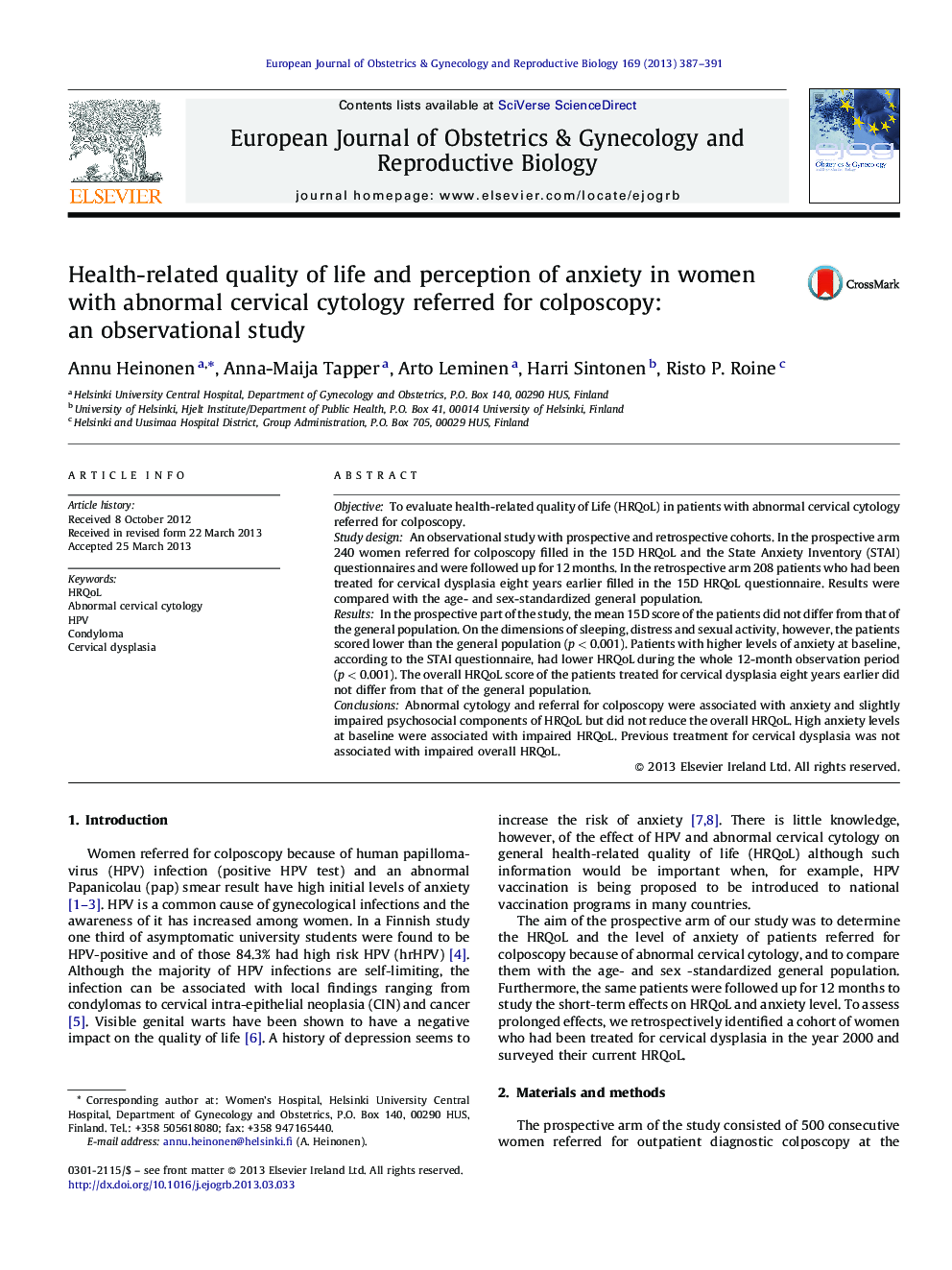 Health-related quality of life and perception of anxiety in women with abnormal cervical cytology referred for colposcopy: an observational study