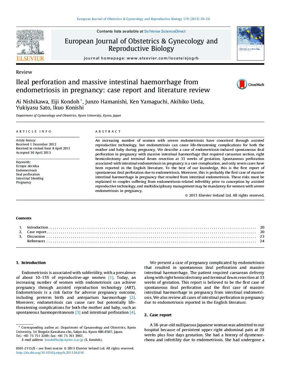 Ileal perforation and massive intestinal haemorrhage from endometriosis in pregnancy: case report and literature review