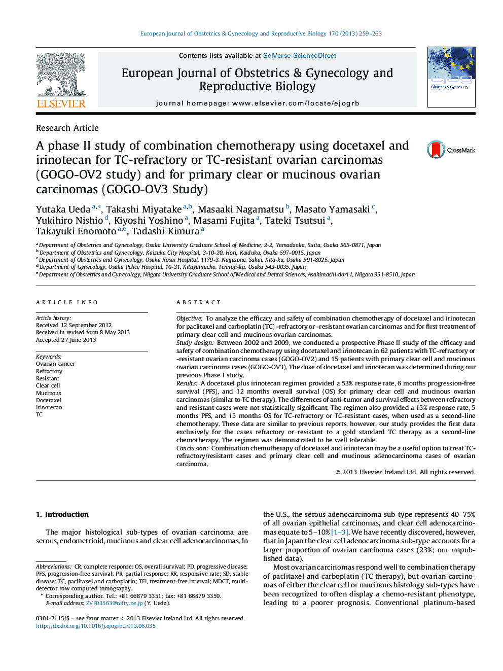 A phase II study of combination chemotherapy using docetaxel and irinotecan for TC-refractory or TC-resistant ovarian carcinomas (GOGO-OV2 study) and for primary clear or mucinous ovarian carcinomas (GOGO-OV3 Study)