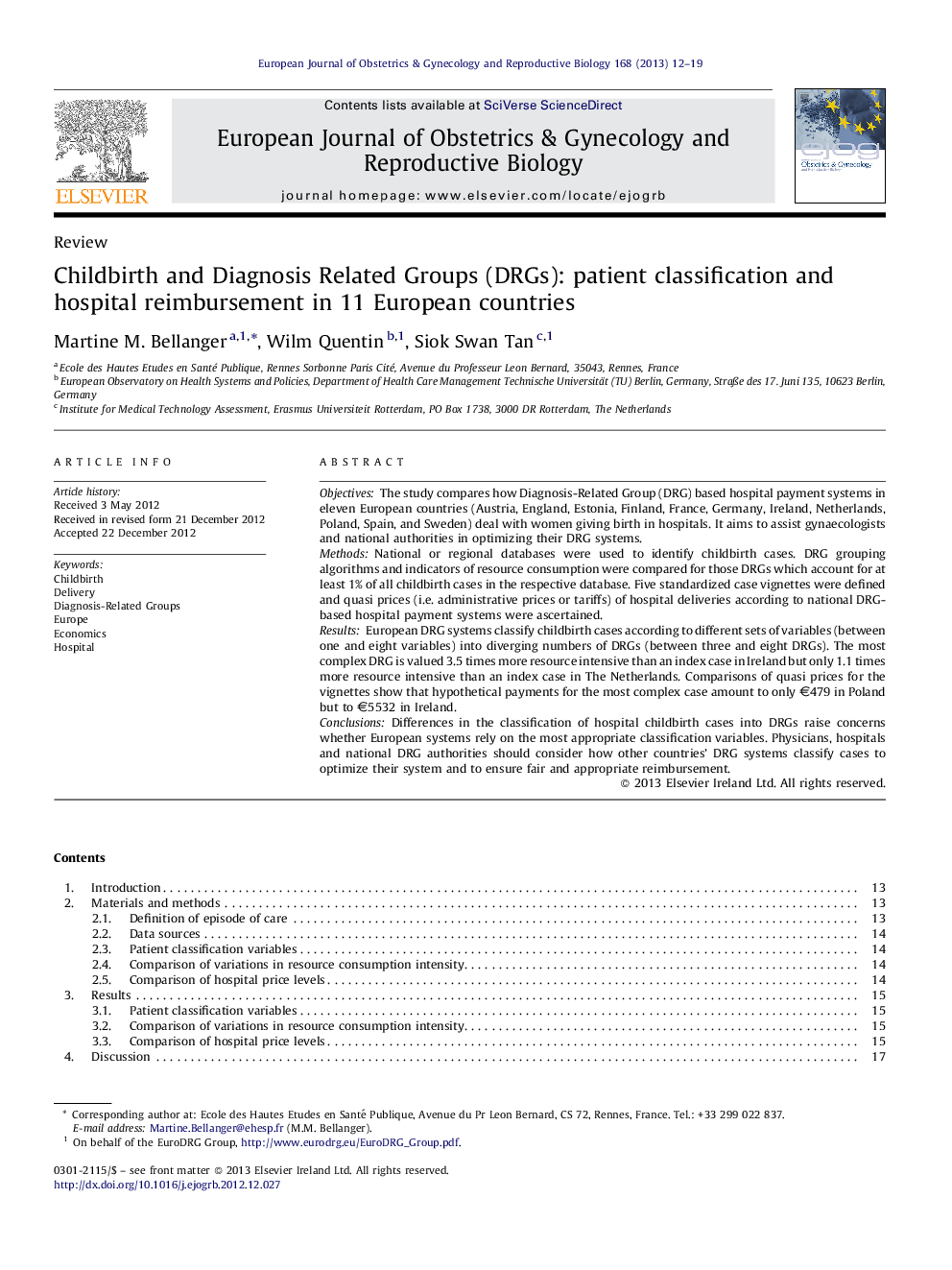 Childbirth and Diagnosis Related Groups (DRGs): patient classification and hospital reimbursement in 11 European countries