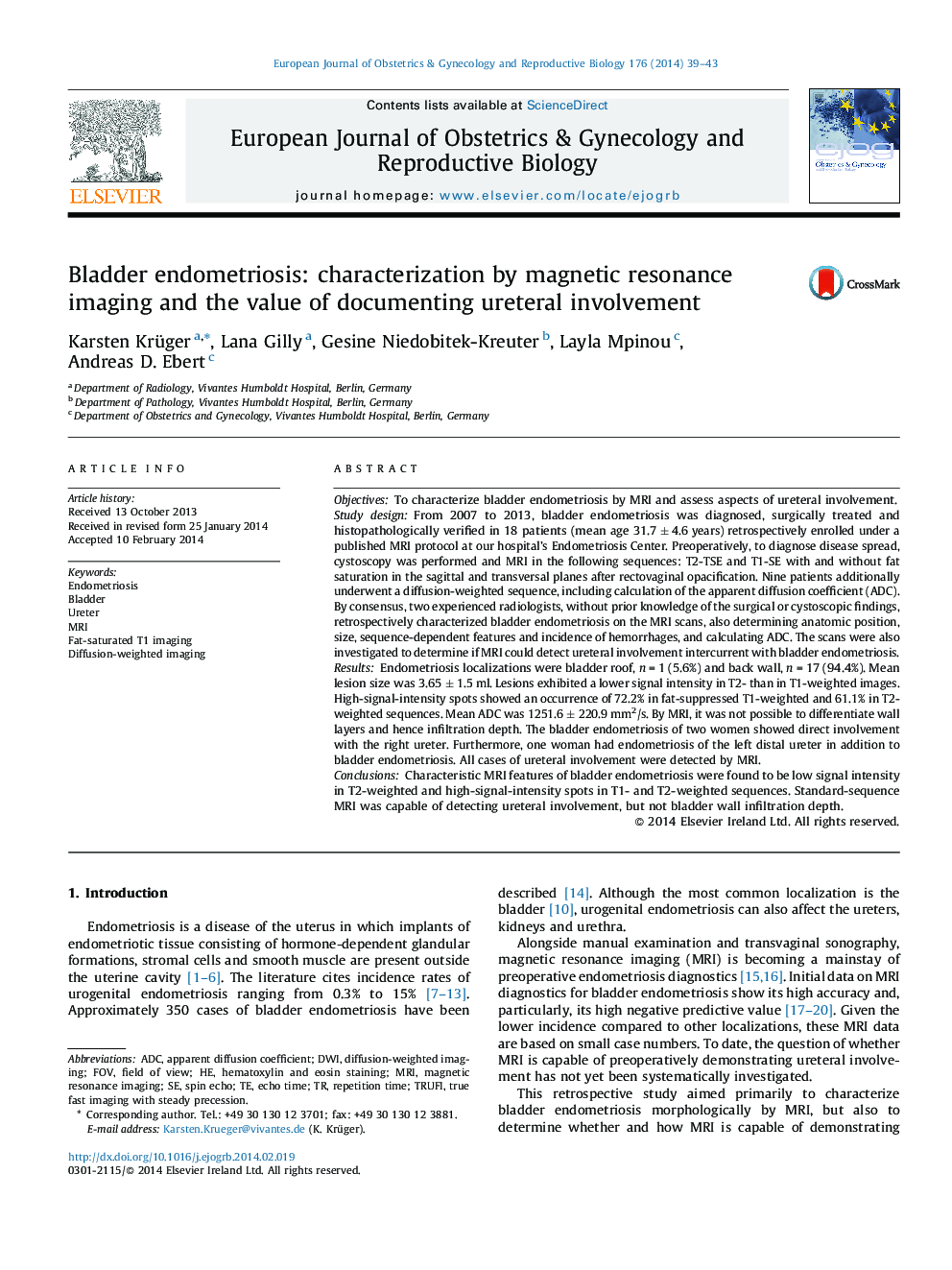 Bladder endometriosis: characterization by magnetic resonance imaging and the value of documenting ureteral involvement