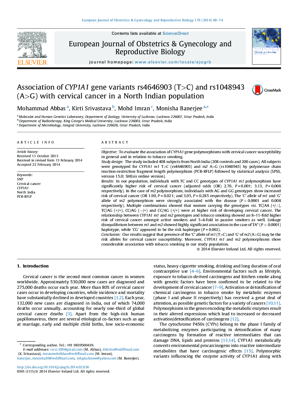 Association of CYP1A1 gene variants rs4646903 (T>C) and rs1048943 (A>G) with cervical cancer in a North Indian population