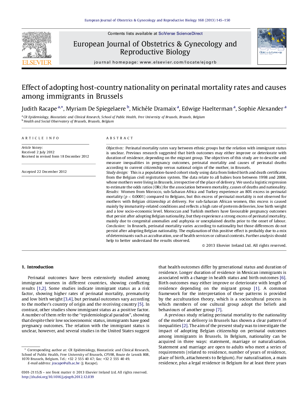 Effect of adopting host-country nationality on perinatal mortality rates and causes among immigrants in Brussels