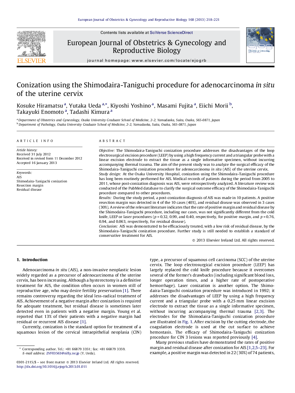 Conization using the Shimodaira-Taniguchi procedure for adenocarcinoma in situ of the uterine cervix