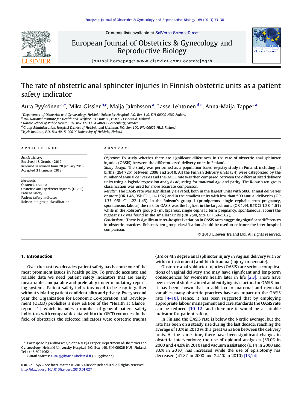 The rate of obstetric anal sphincter injuries in Finnish obstetric units as a patient safety indicator