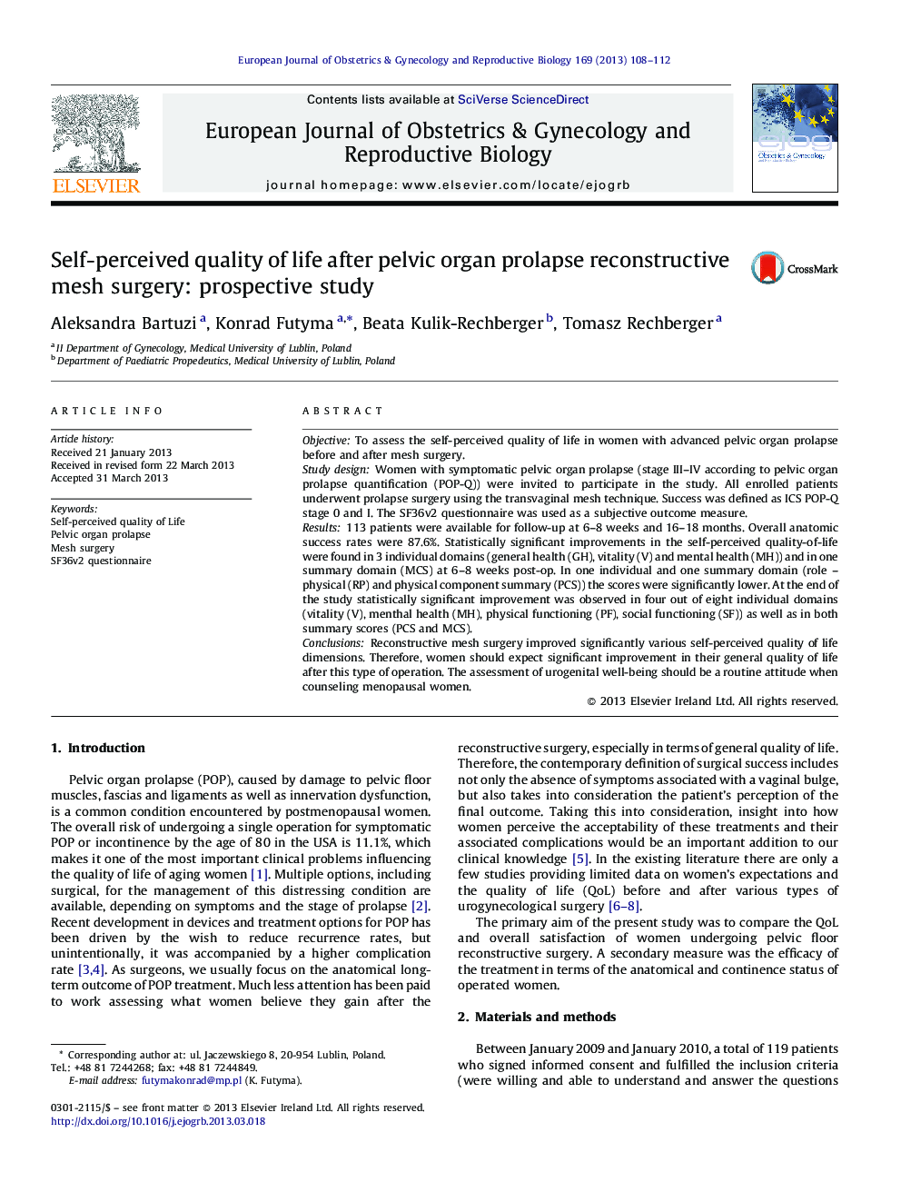 Self-perceived quality of life after pelvic organ prolapse reconstructive mesh surgery: prospective study