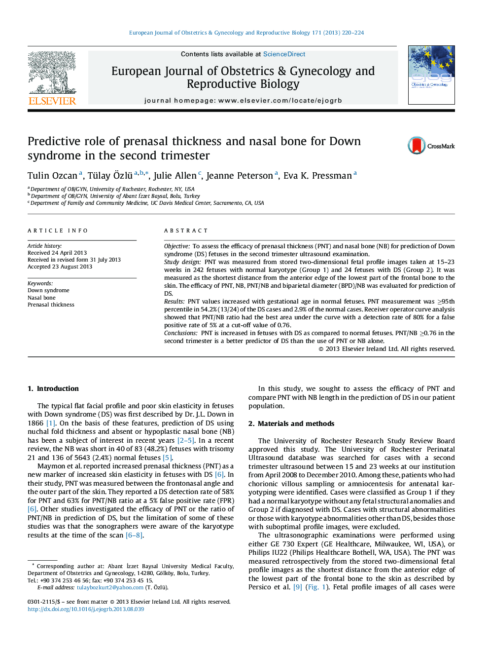 Predictive role of prenasal thickness and nasal bone for Down syndrome in the second trimester