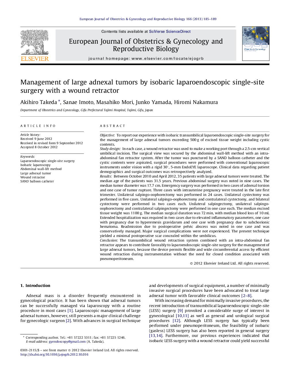 Management of large adnexal tumors by isobaric laparoendoscopic single-site surgery with a wound retractor