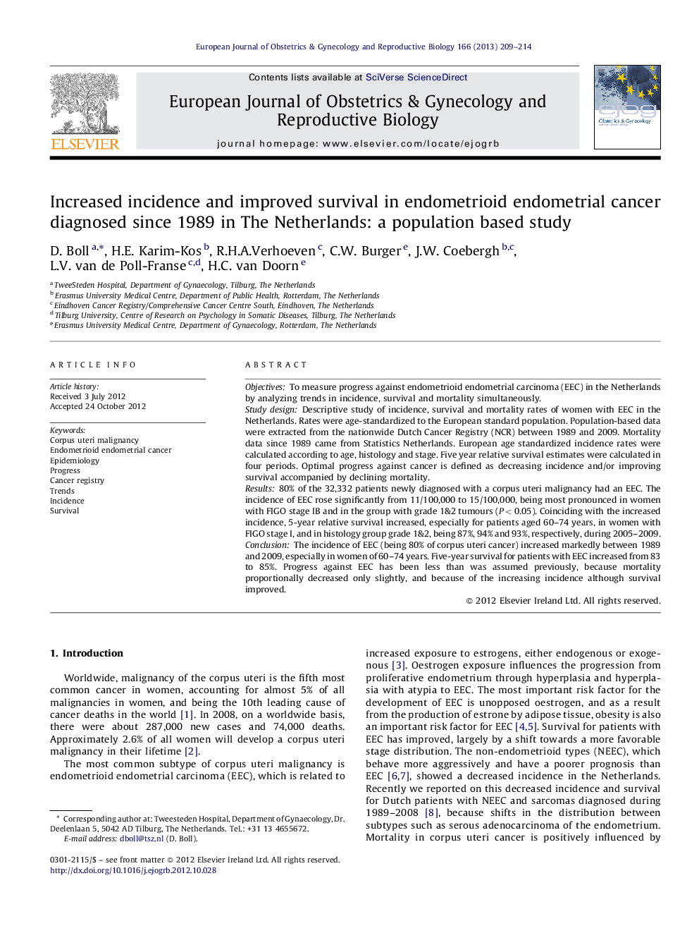 Increased incidence and improved survival in endometrioid endometrial cancer diagnosed since 1989 in The Netherlands: a population based study