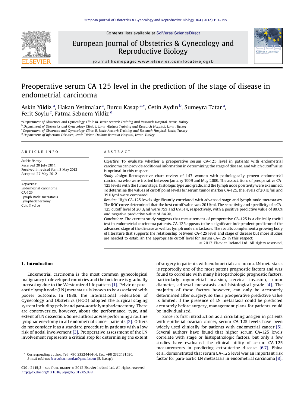 Preoperative serum CA 125 level in the prediction of the stage of disease in endometrial carcinoma