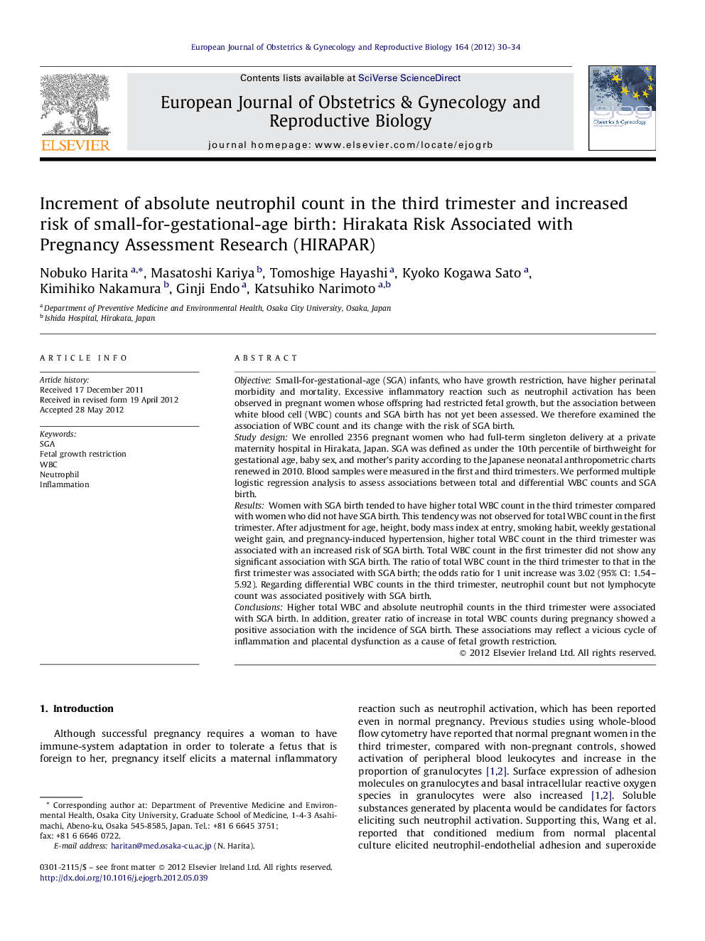Increment of absolute neutrophil count in the third trimester and increased risk of small-for-gestational-age birth: Hirakata Risk Associated with Pregnancy Assessment Research (HIRAPAR)