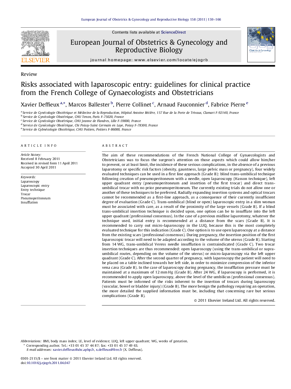 Risks associated with laparoscopic entry: guidelines for clinical practice from the French College of Gynaecologists and Obstetricians