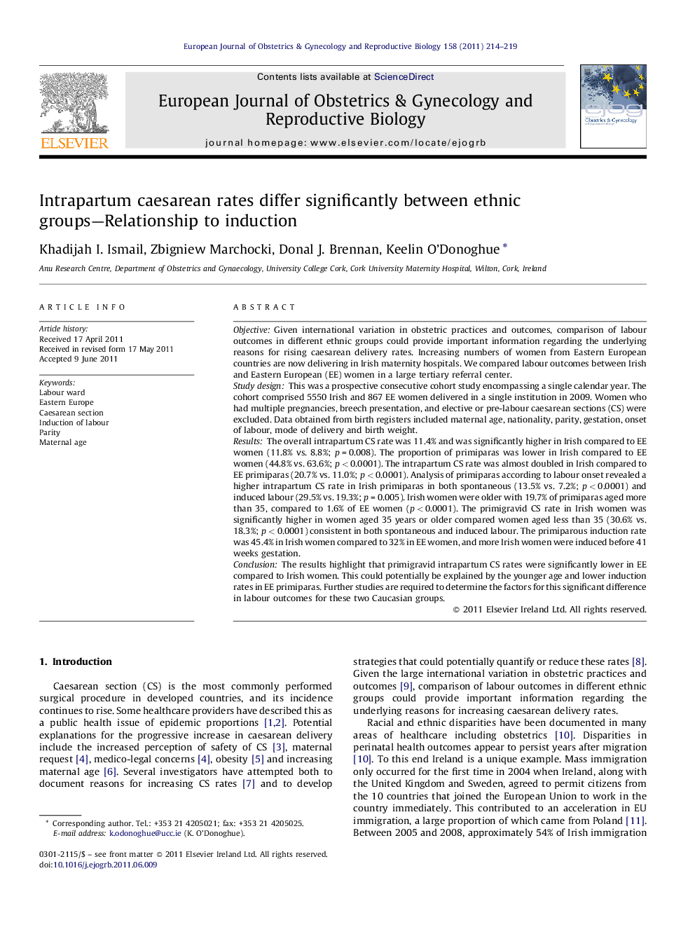 Intrapartum caesarean rates differ significantly between ethnic groups—Relationship to induction