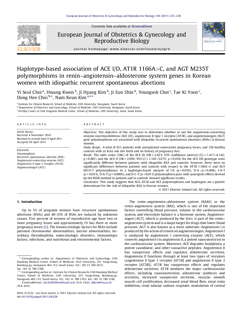 Haplotype-based association of ACE I/D, AT1R 1166A>C, and AGT M235T polymorphisms in renin–angiotensin–aldosterone system genes in Korean women with idiopathic recurrent spontaneous abortions