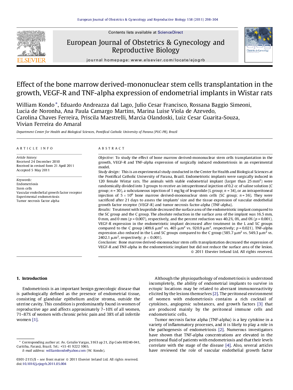 Effect of the bone marrow derived-mononuclear stem cells transplantation in the growth, VEGF-R and TNF-alpha expression of endometrial implants in Wistar rats