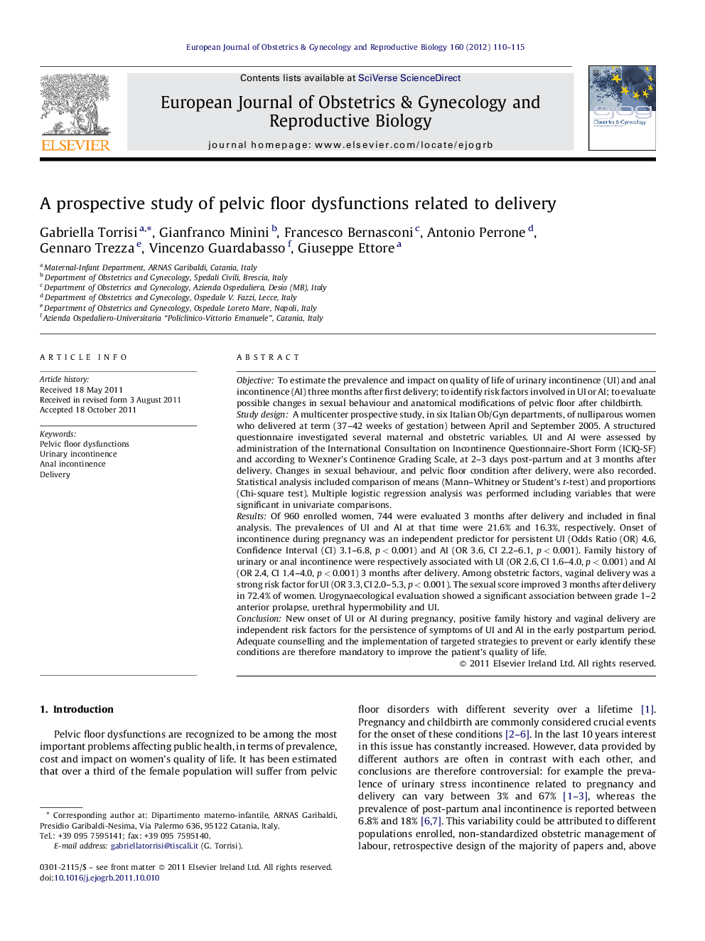 A prospective study of pelvic floor dysfunctions related to delivery