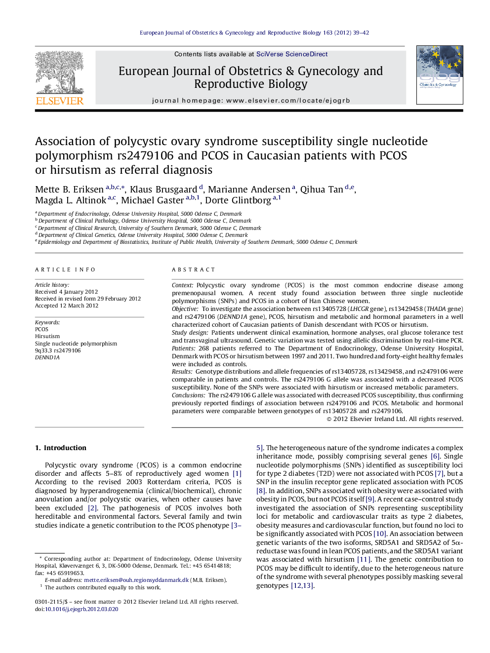 Association of polycystic ovary syndrome susceptibility single nucleotide polymorphism rs2479106 and PCOS in Caucasian patients with PCOS or hirsutism as referral diagnosis