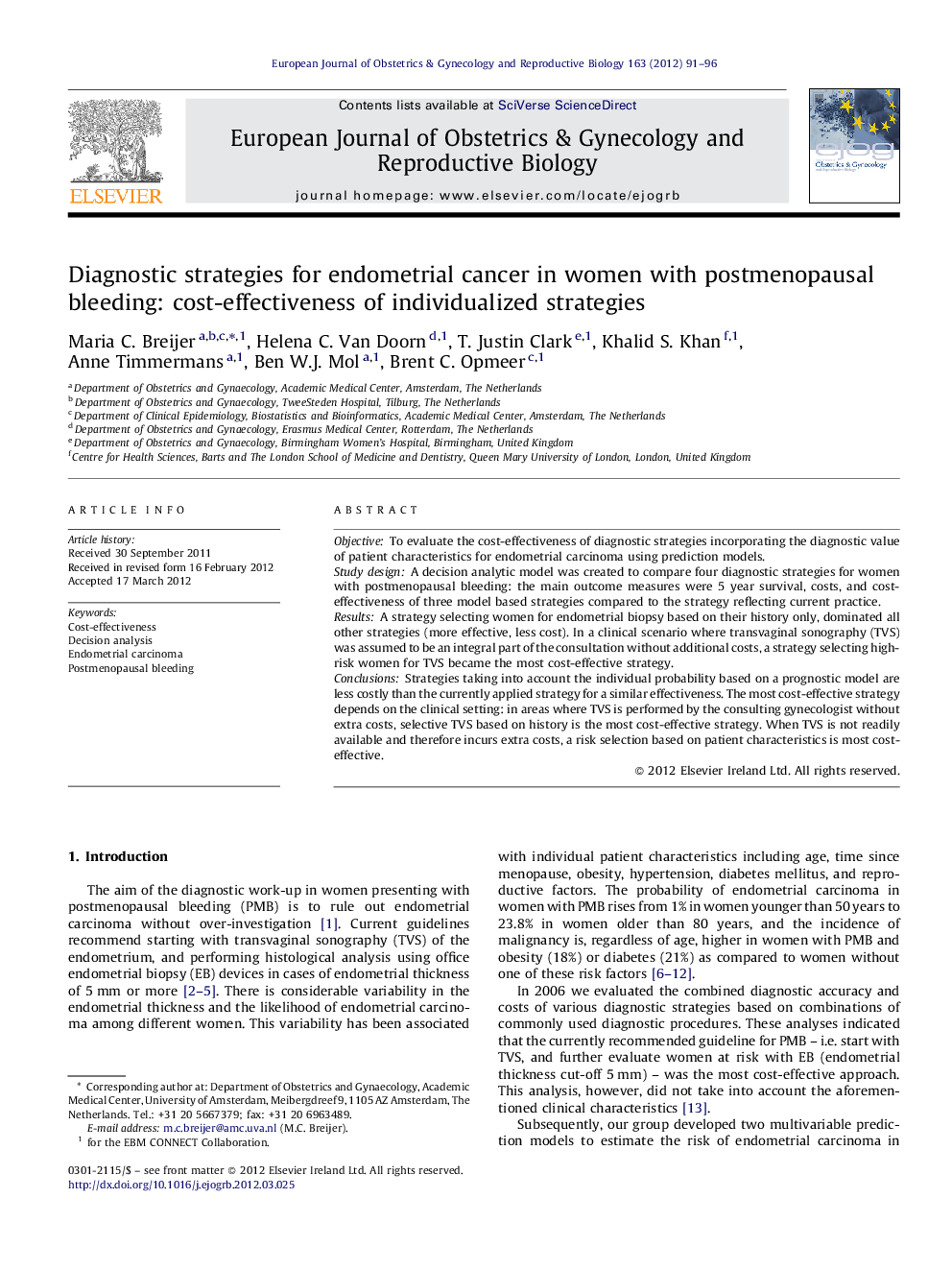 Diagnostic strategies for endometrial cancer in women with postmenopausal bleeding: cost-effectiveness of individualized strategies