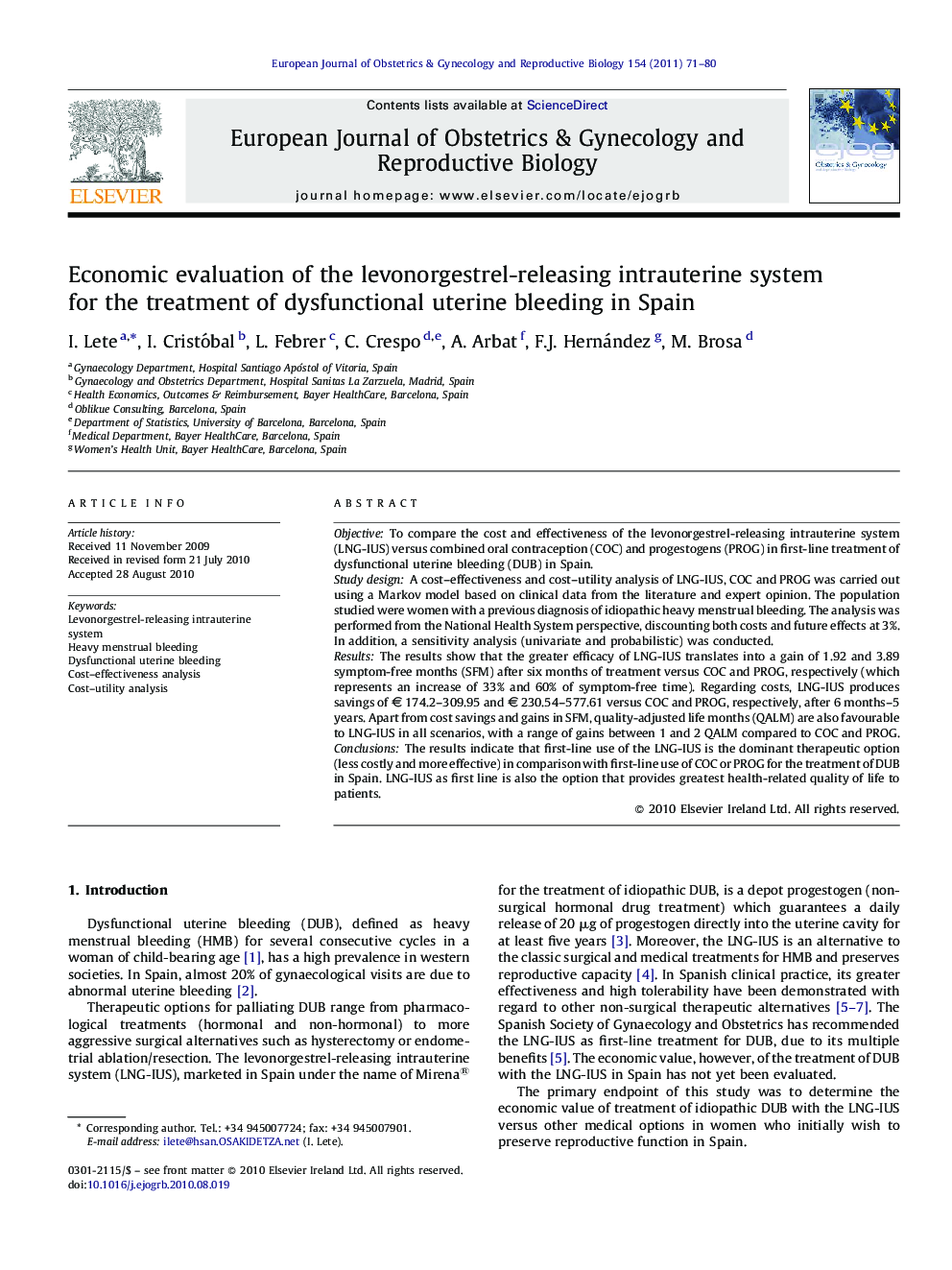 Economic evaluation of the levonorgestrel-releasing intrauterine system for the treatment of dysfunctional uterine bleeding in Spain