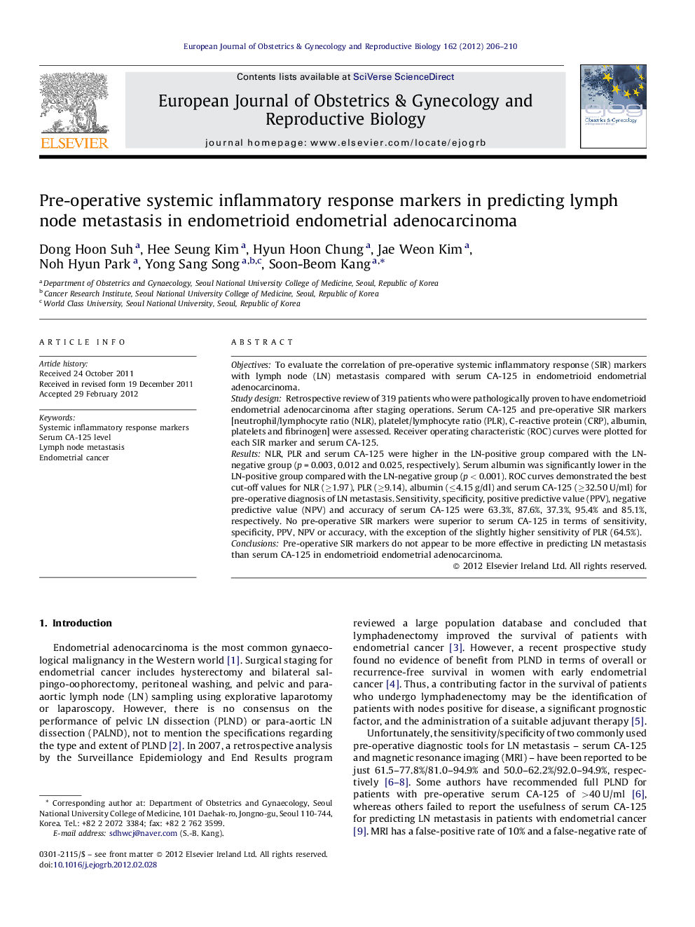 Pre-operative systemic inflammatory response markers in predicting lymph node metastasis in endometrioid endometrial adenocarcinoma