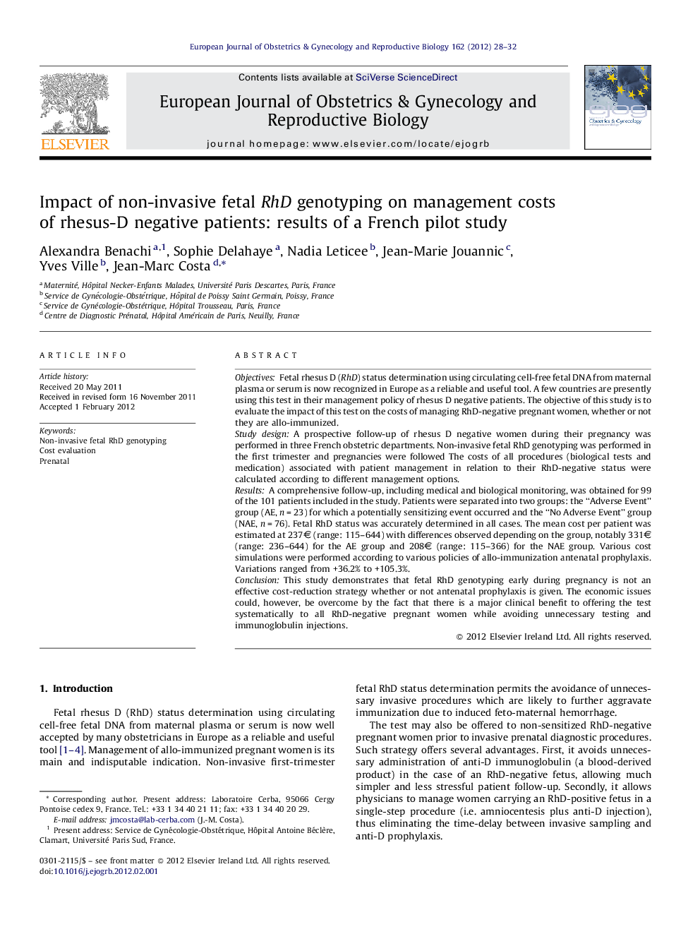 Impact of non-invasive fetal RhD genotyping on management costs of rhesus-D negative patients: results of a French pilot study